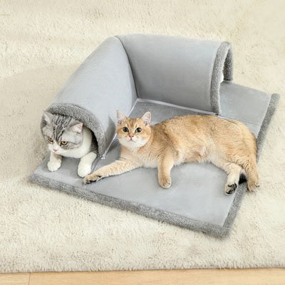 tunnel pour chat gris en angle droit deux chats