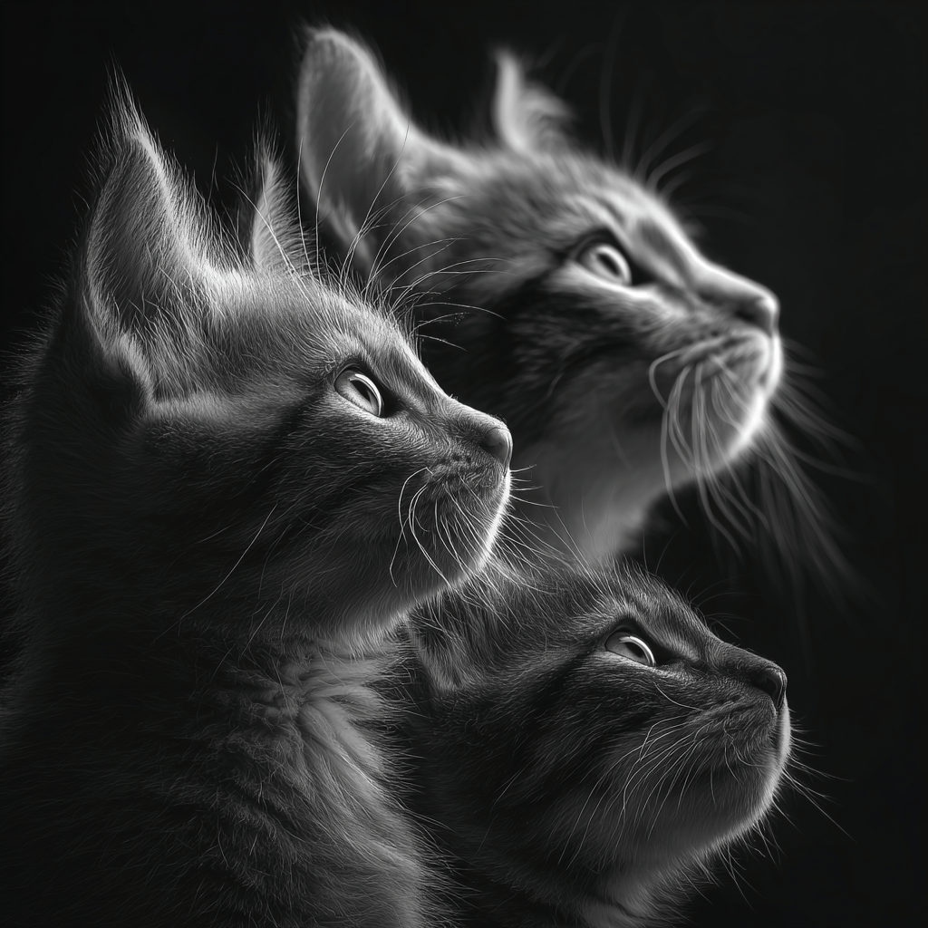 3 chats a des âges différents de profil noir et blanc