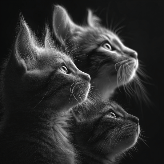 3 chats a des âges différents de profil noir et blanc