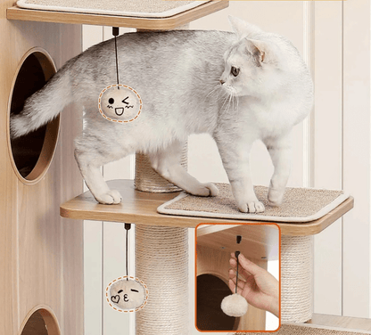 arbre à chat bois chat qui sort niche milieur gros plan balle a jouer