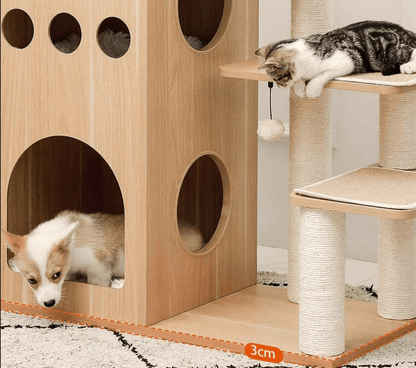 Arbre à chat bois chaton et  dans niche du bas