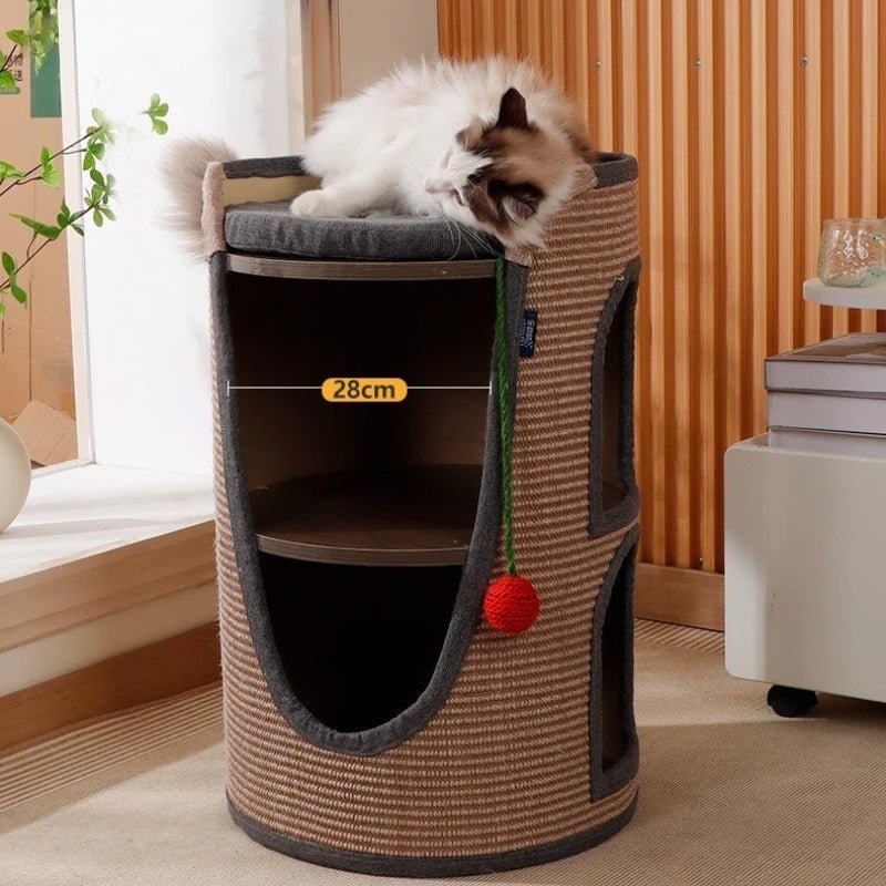 arbre à chat design brun deux étages chat endormi