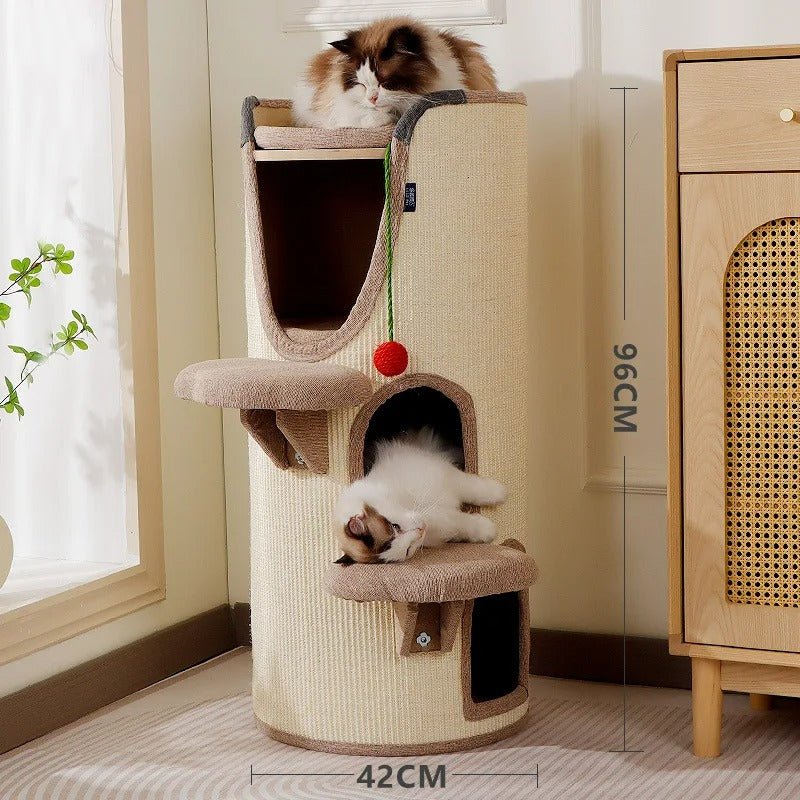 arbre à chat design beige tonneau é gratter trois étage deux chats