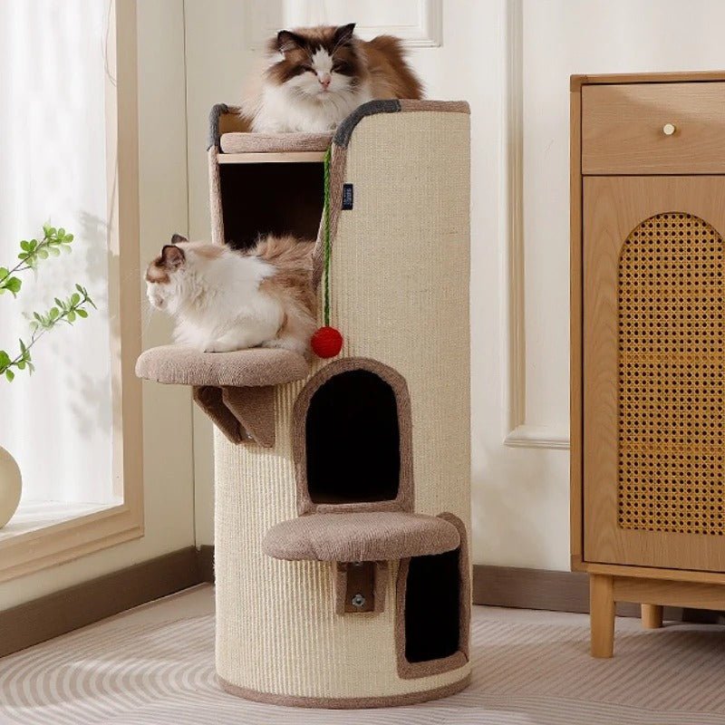 arbre à chat design beige tonneau trois étages deux chats