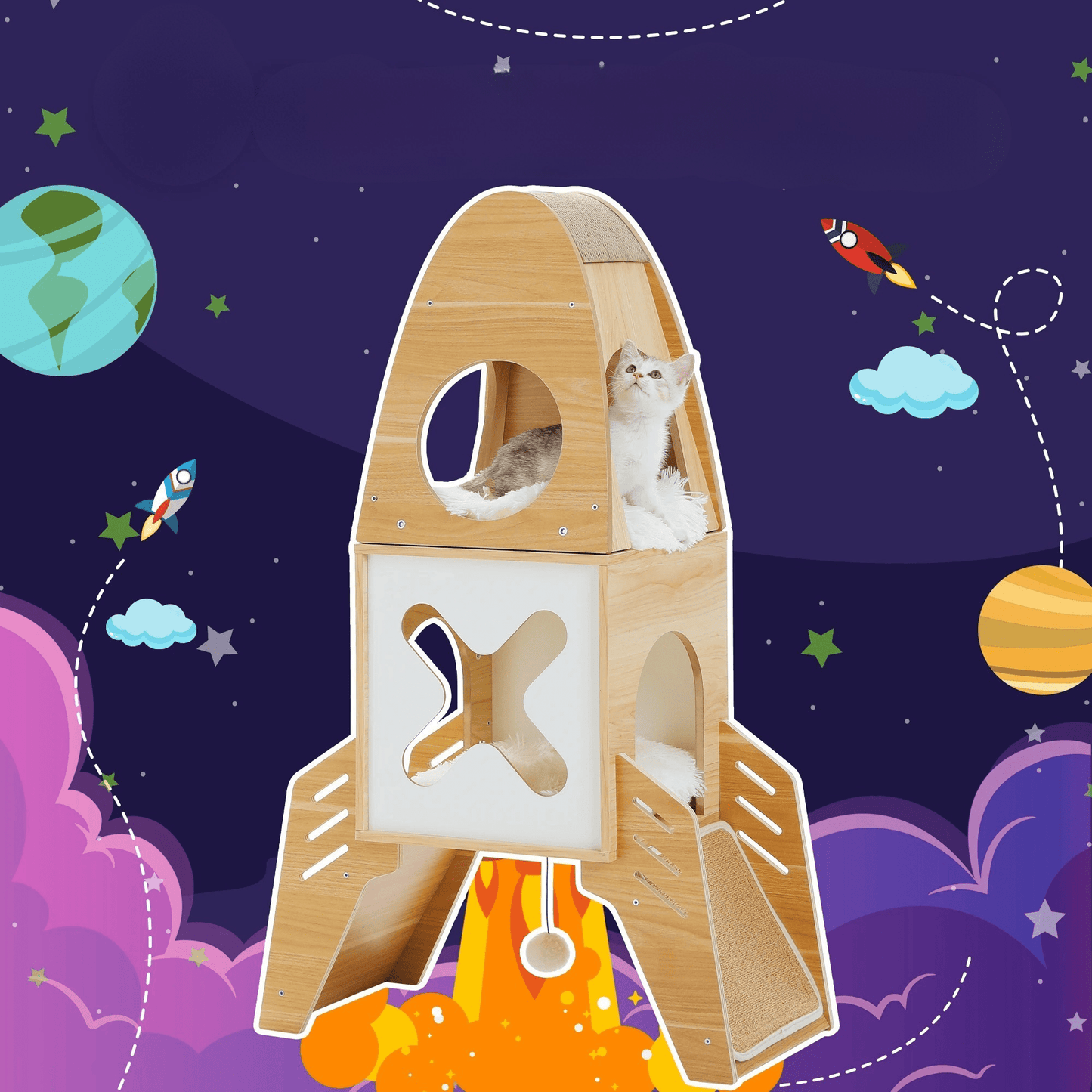 Arbre a chat bois fusée décollage univers fictif