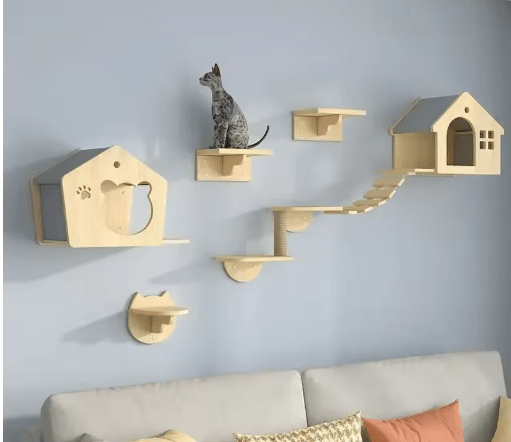 arbre a chat mural modele trois deux maisonnettes chat assis