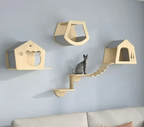 arbre a chat mural bois modele quatre deux maisonnettes hamac tissus chat assis