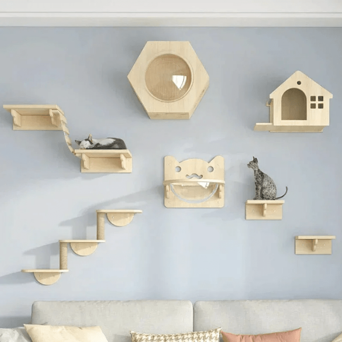 arbre a chat mural ensemble bois deuxieme modele chat endormis chat assis