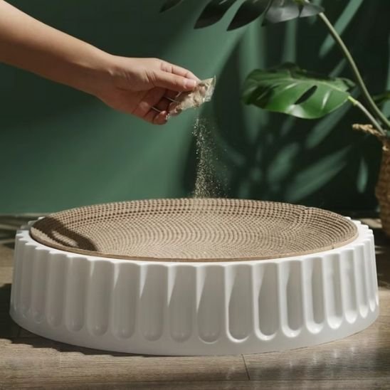 griffoir chat blanc main qui soupoudre de l'herbe à chat