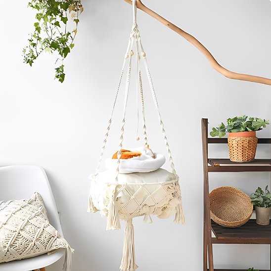 Hamac pour chat suspendu branche coussin blanc chat endormi