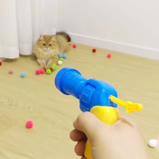Jouet pour chat pistolet catapulte balle en ponpon chat en fond