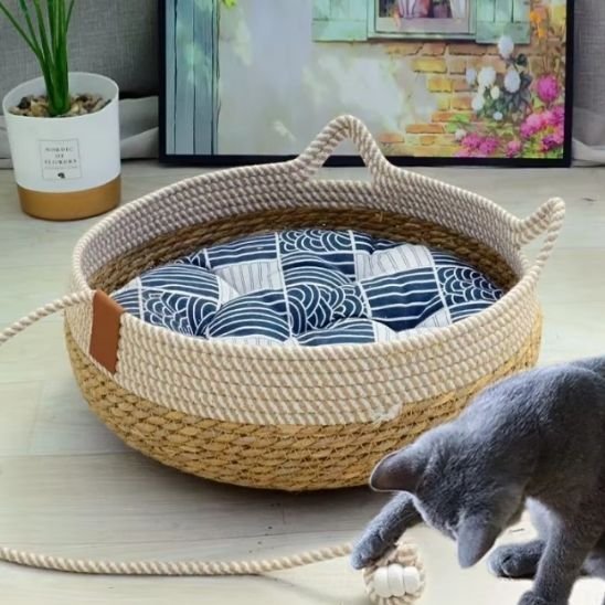 Lit pour chat fond coussin bleu, forme chat, queue et oreilles, chat joue pelote