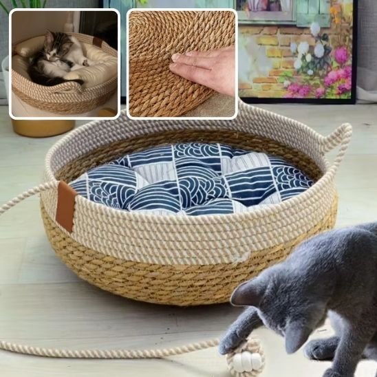 Lit pour chat fond bleu, forme chat, chat dans lit et zoom tressage