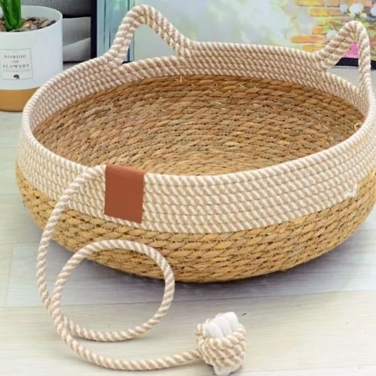 Lit pour chat sans coussin tressage et forme de chat, oreilles et queue