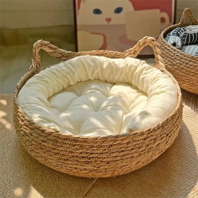 Panier pour chat en osier coussin blanc