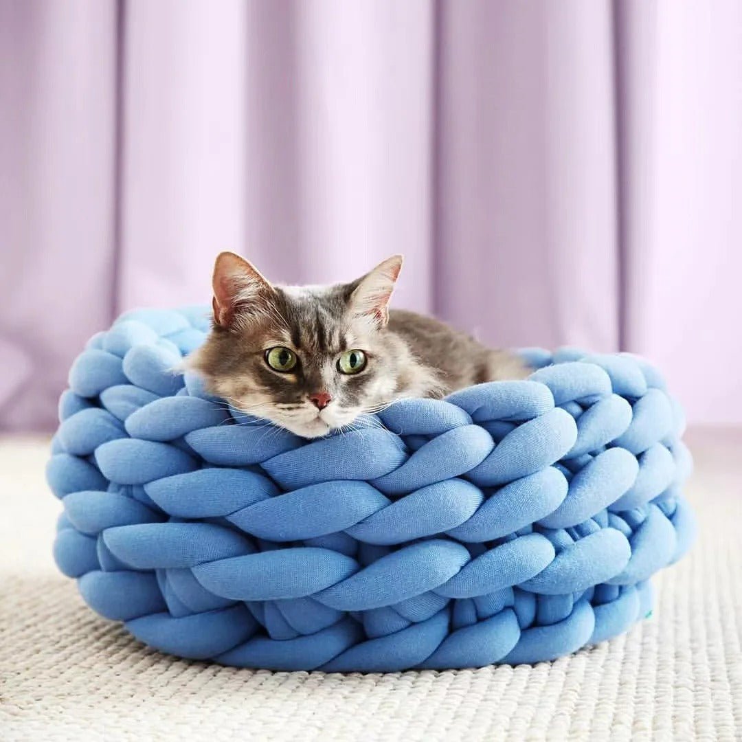 panier chat laine bleu chat couche