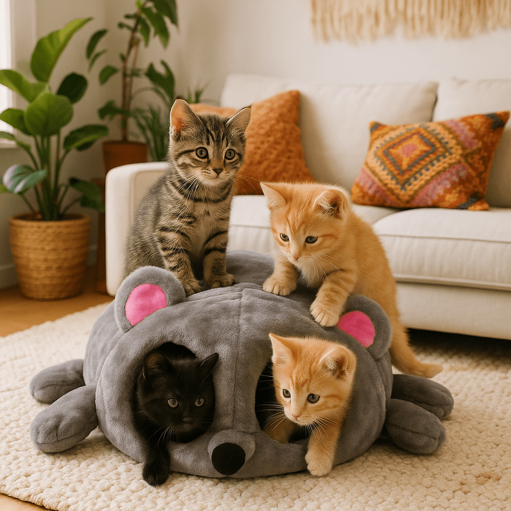 panier chat salon boheme quatre chatons jouent